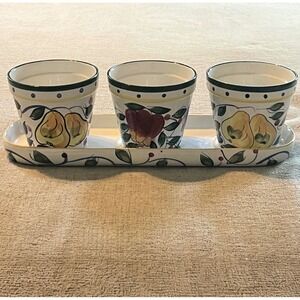 Vtg Jay Ceramic Herb Planter Set 3 Pots with Tray Hand Painted Fruit Pear Apple
